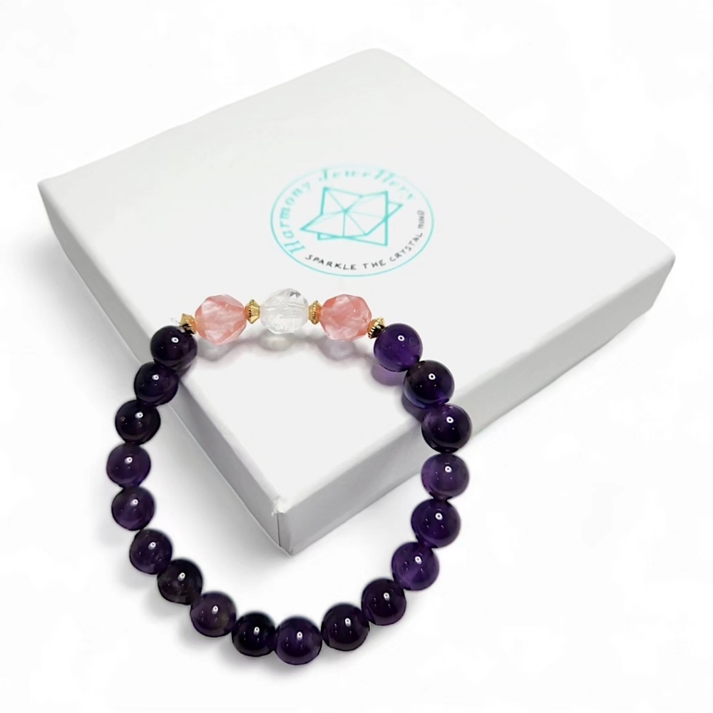 8 mm Amethyst and Faceted Strawberry Quartz bracelet